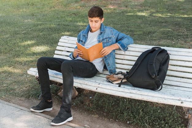 Muchacho joven adolescente elegante que se sienta en el banco que estudia en parque