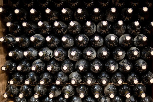 Muchas botellas de vino tinto en una bodega.