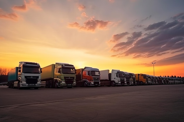 Muchos camiones de transporte estacionados en una estación de servicio al atardecer Ai generativo