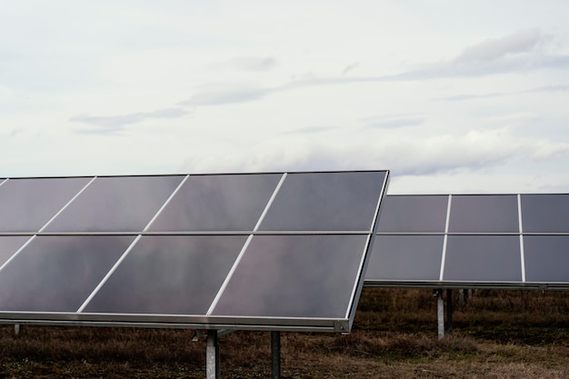 Muchos paneles solares en el campo que generan electricidad con espacio de copia
