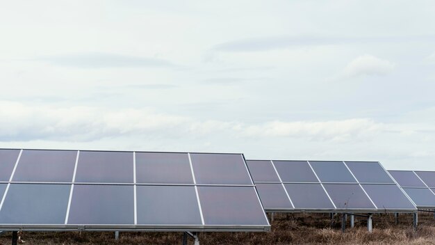 Muchos paneles solares en el campo que generan electricidad.