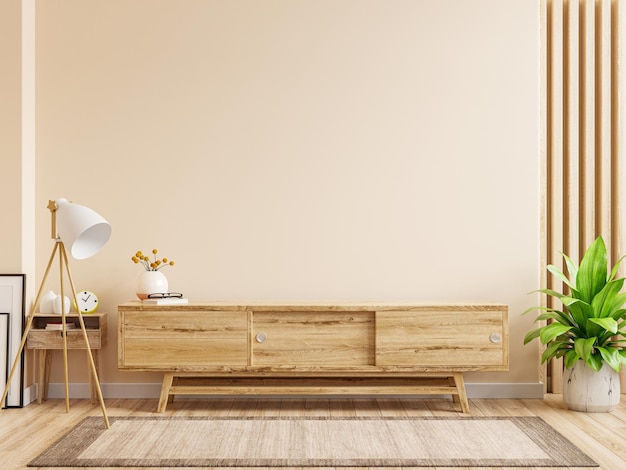 Mueble de tv con pared de color crema y suelo de madera.representación 3d