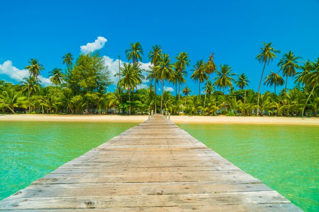 Muelle de madera o puente con playa tropical y mar en isla paradisíaca