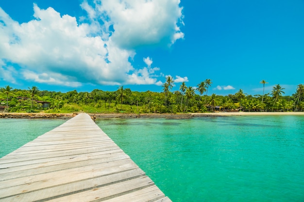 Muelle de madera o puente con playa tropical.