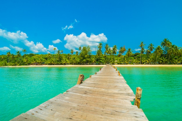 Muelle de madera o puente con playa tropical.