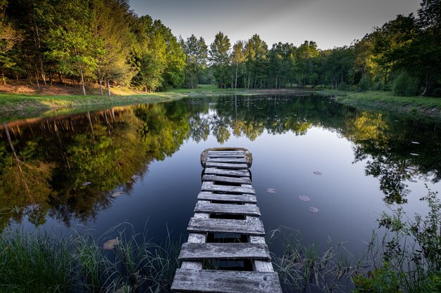 Muelle de madera rústica en un lago