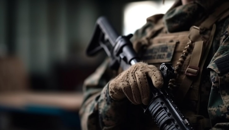 Foto gratuito se muestra la experiencia militar de un hombre apuntando con un rifle generado por ia