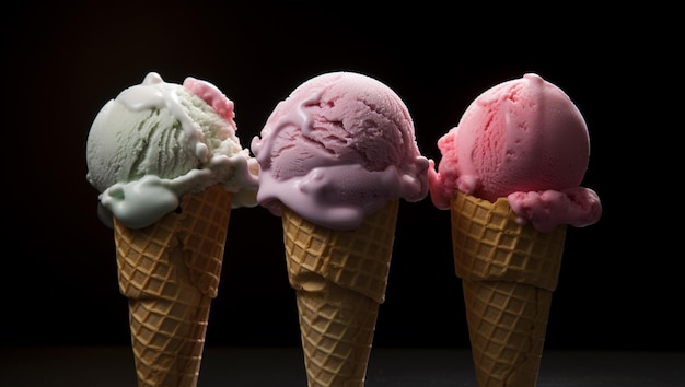 Foto gratuita se muestra una fila de conos de helado sobre un fondo negro.