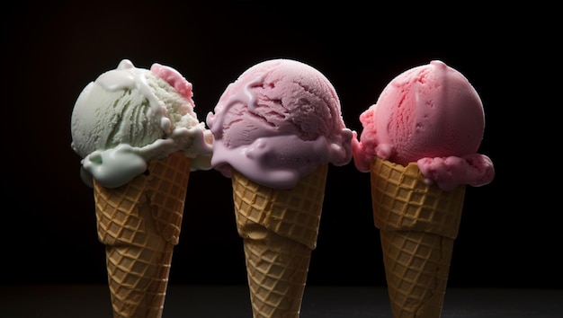 Se muestra una fila de conos de helado sobre un fondo negro.