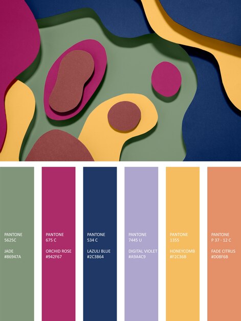 Muestras de colores de moda con diferentes elementos.
