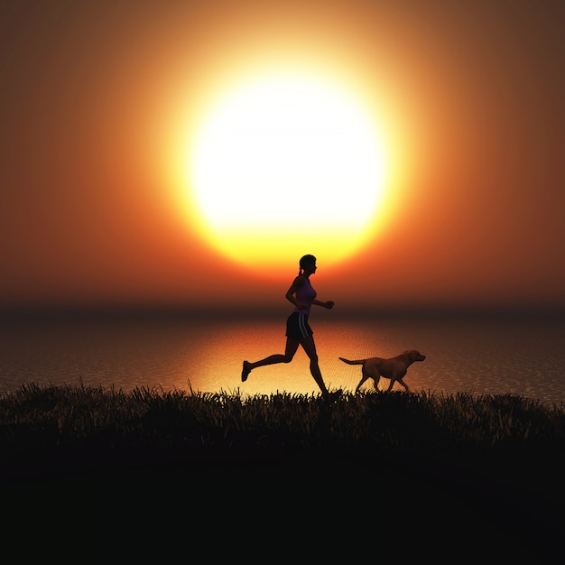 Mujer 3D corriendo con su perro contra un cielo al atardecer.