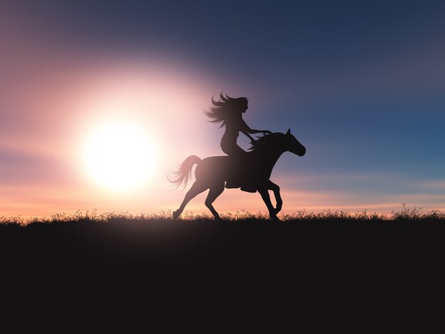 Mujer 3D montando su caballo en un paisaje al atardecer