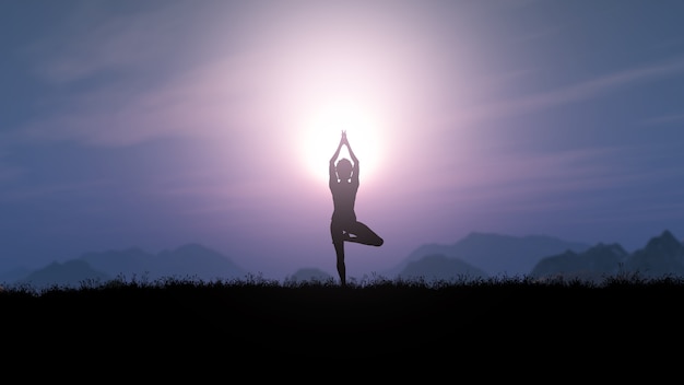 Mujer 3D en pose de yoga contra un paisaje de puesta de sol