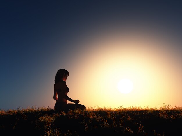 Mujer 3D en posición de yoga contra el cielo del atardecer