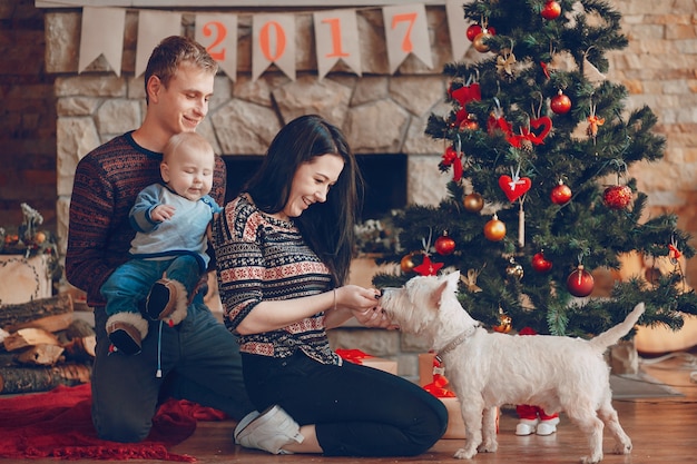 Mujer acariciando al perro mientras su marido sujeta al bebé en sus brazos en navidad