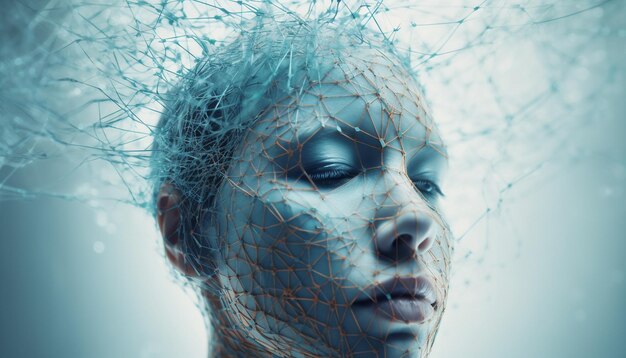 Mujer adulta joven belleza futurista en azul generada por IA