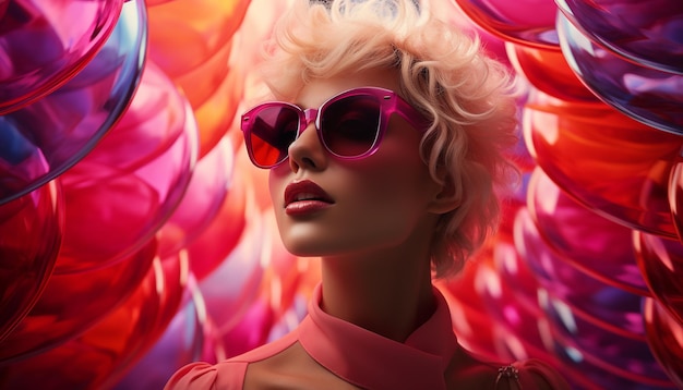 Mujer adulta joven con cabello rubio con gafas de sol y luciendo glamorosa generada por inteligencia artificial