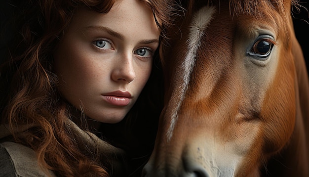 Foto gratuita mujer adulta joven mirando la cámara acariciando la cabeza de caballo generada por inteligencia artificial