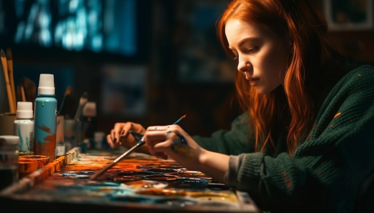 Foto gratuito mujer adulta joven sonriendo mientras pinta en interiores generada por ia