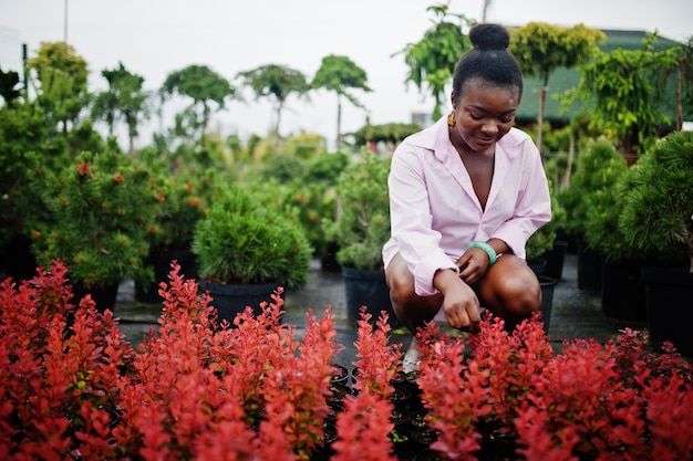 Mujer africana con camisa rosa grande posada en el jardín con plántulas