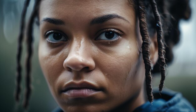 Mujer africana con ojos marrones sonriendo al aire libre generada por IA