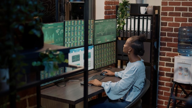 Mujer afroamericana analizando la inversión en el mercado de valores y el intercambio de ventas con gráficos y gráficos estadísticos en monitores múltiples. Corredor de bolsa que utiliza precios bancarios financieros para compartir ganancias.