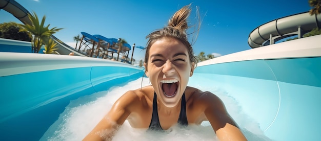 Foto gratuita mujer alegre en un tobogán de agua generada por la ia