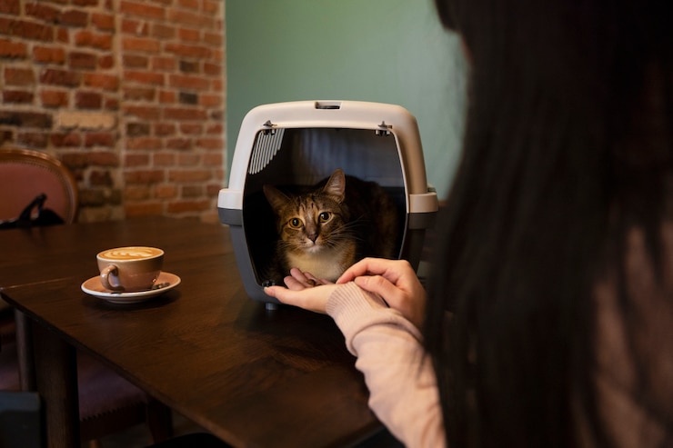 Foto gratuito mujer alimentando a su gato mascota en el transportín