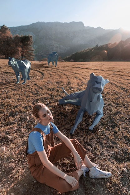 Mujer de alta vista con perros 3d ilustrados