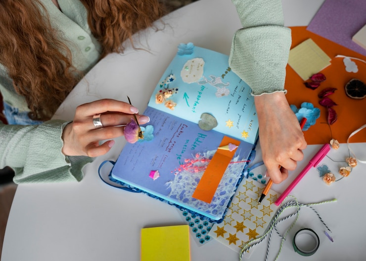 Foto gratuito mujer de alto ángulo haciendo un diario creativo