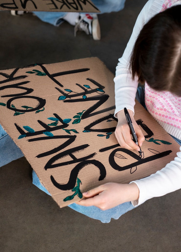 Foto gratuito mujer de alto ángulo haciendo pancarta