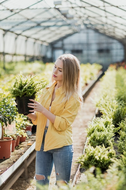 Mujer de alto ángulo con maceta con planta