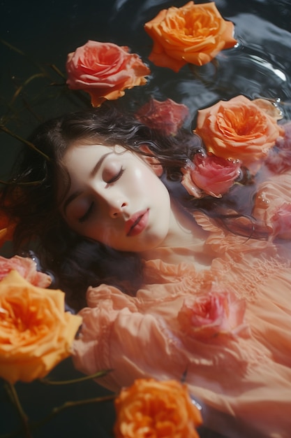 Foto gratuita mujer de alto ángulo posando con rosas