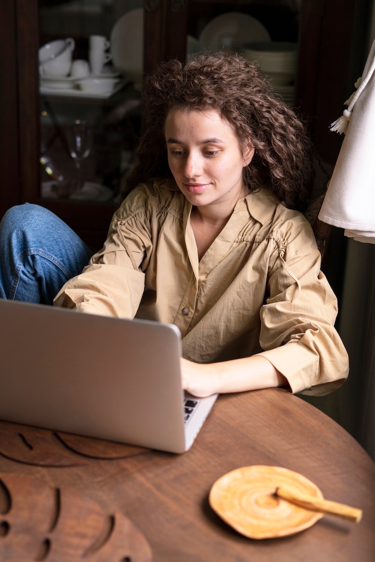 Foto gratuito mujer de alto ángulo que trabaja en la computadora portátil
