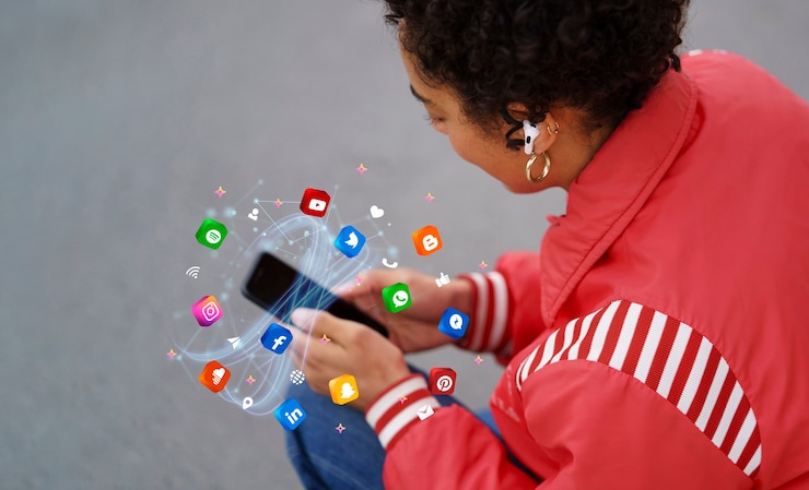 Foto gratuito mujer de alto ángulo con teléfono inteligente