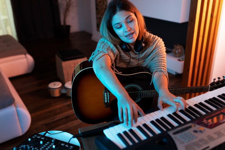 Foto gratuito mujer de alto ángulo tocando el piano