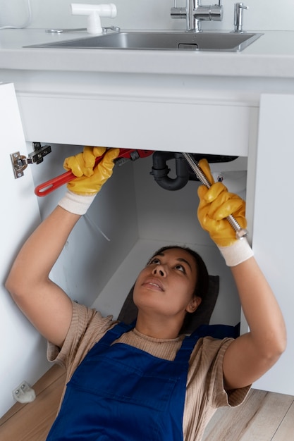 Foto gratuita mujer de alto ángulo trabajando como fontanero