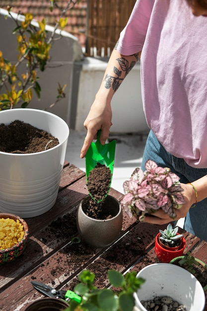 Foto gratuita mujer de alto ángulo trasplantando plantas