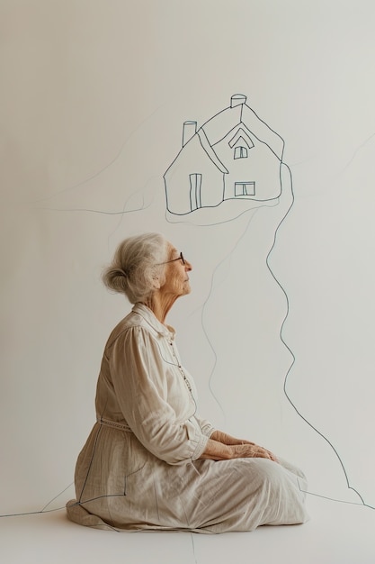 Foto gratuita mujer anciana con una casa dibujada en la pared