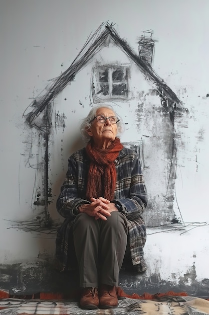 Foto gratuita mujer anciana con una casa dibujada en la pared