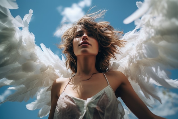 Foto gratuita mujer de ángulo bajo con alas volando