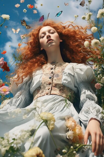 Mujer de ángulo bajo posando con flores