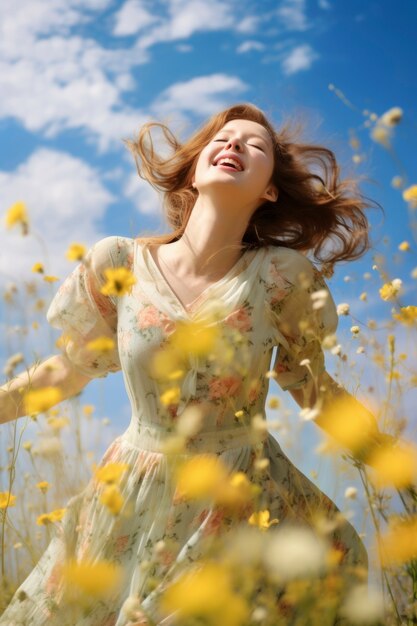 Mujer de bajo ángulo posando con hermosas flores