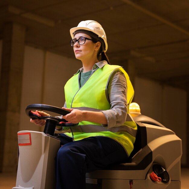 Mujer de ángulo bajo que conduce la máquina de limpieza