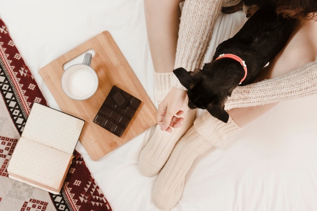 Mujer anónima con perro cerca de postre y libro