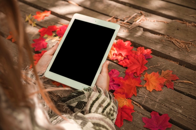 Mujer anónima tableta de navegación en el parque de otoño