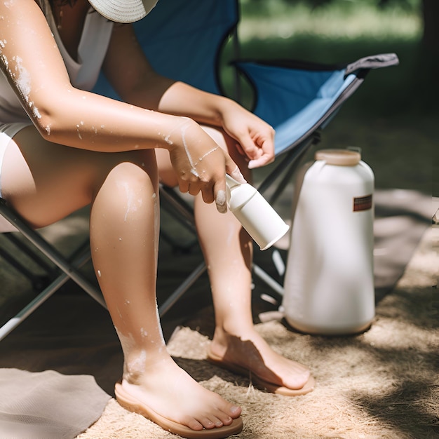 Foto gratuita mujer aplicando crema en su pierna en el jardín cuidado de la piel