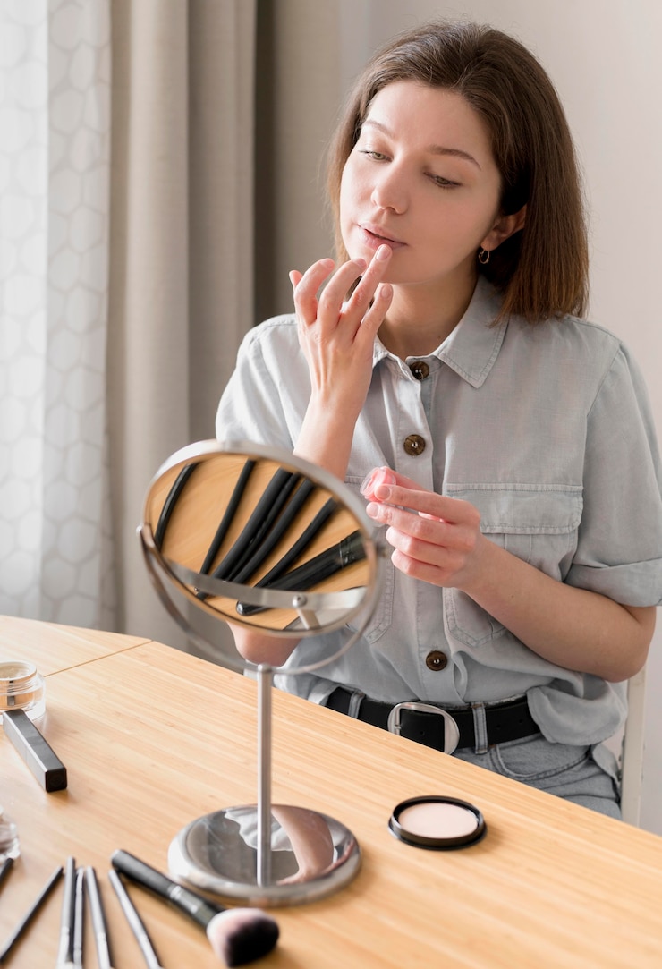 Foto gratuito mujer aplicando lápiz labial con la mano