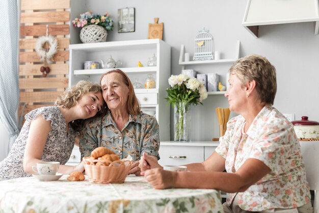 Mujer apoyando la cabeza en el hombro de su abuela durante el desayuno