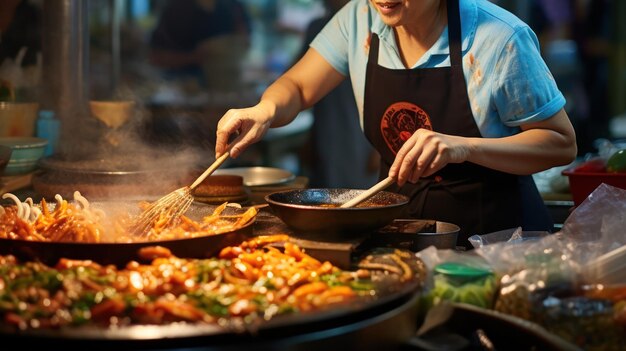 Mujer asiática cocinando en una placa caliente en un puesto de la calle ocupado